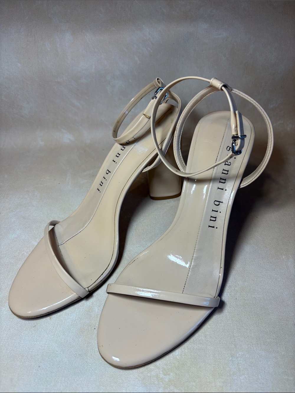 Gianni Bini Kenzie  Blush Nude Patent Ankle-Strap Block Heel Sandal, size 8M - Picture 2 of 7